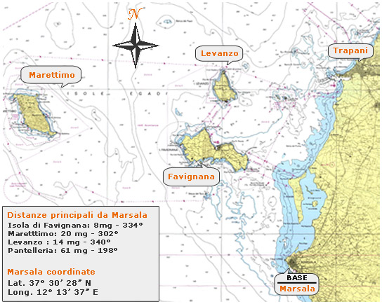 cartina destinazioni - Marsala Favignana Marettimo Levanzo vacanze a vela charter broker noleggio locazione affitto barche per pontine flegree egadi